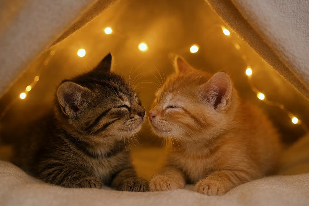Two kittens—one orange, one striped—snuggle under a blanket, touching noses beneath soft fairy lights in a tender moment. オレンジと縞模様の子猫が毛布の下で鼻を寄せ合い、優しいフェアリーライトに包まれた愛らしいひととき