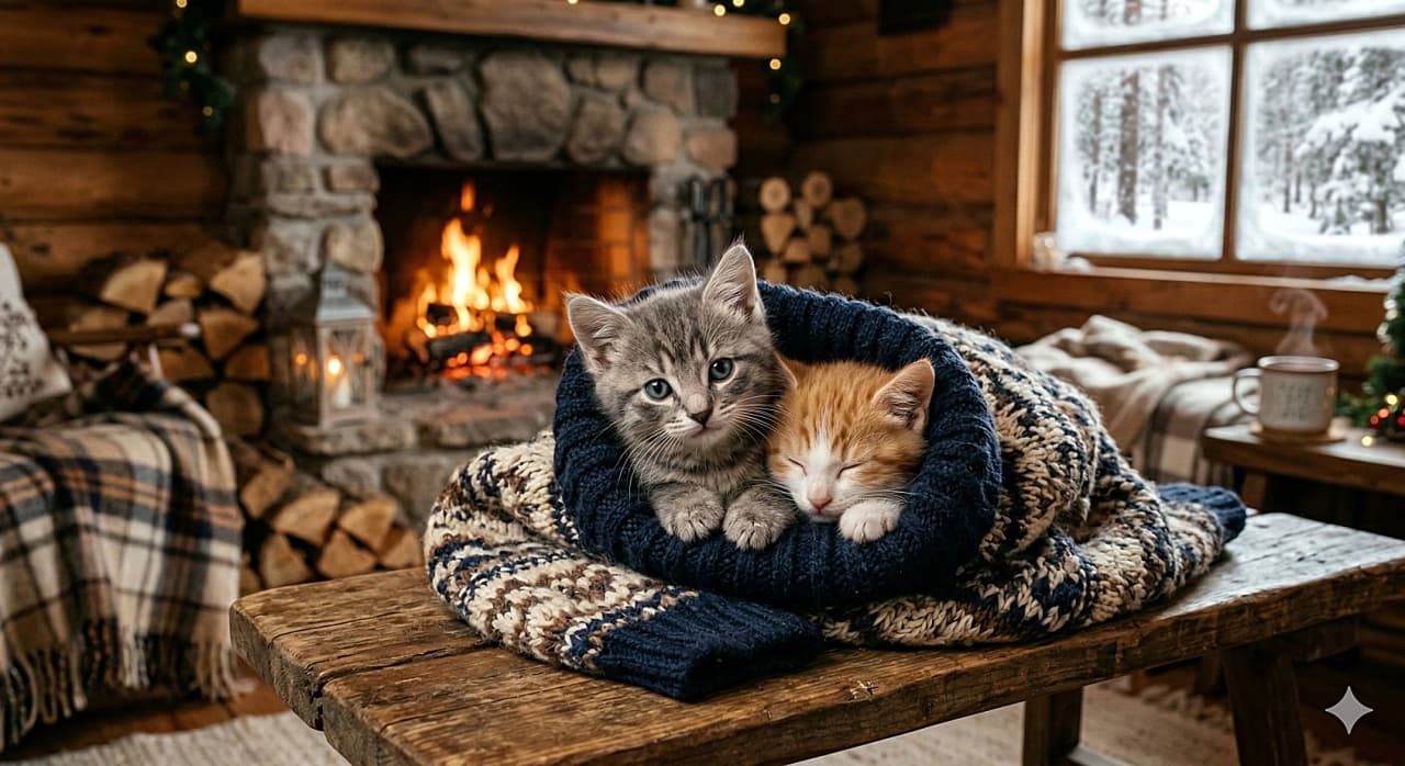 「大きなセーターを2匹でシェア💕 暖炉の火と雪景色に囲まれて、仲良くぽかぽか冬ごもり中ニャ❄️」A photorealistic horizontal image of two kittens, one grey tabby looking forward and one sleeping orange and white kitten, snuggled together inside the opening of a thick, oversized blue and beige patterned knitted sweater. The sweater is resting on a rustic wooden table. The background features a cozy winter cabin interior with a warm, glowing fireplace on the left and a window revealing a snowy landscape on the right. 素朴な木のテーブルに置かれた、青とベージュの模様が入った厚手で大きめのセーターの中に寄り添って入っている2匹の子猫（前を見ているグレーのキジトラと、眠っているオレンジと白の子猫）の写実的な横長写真。背景には、左側に暖かく燃える暖炉、右側に雪景色が見える窓があり、居心地の良い冬のログハウスの室内が広がっている