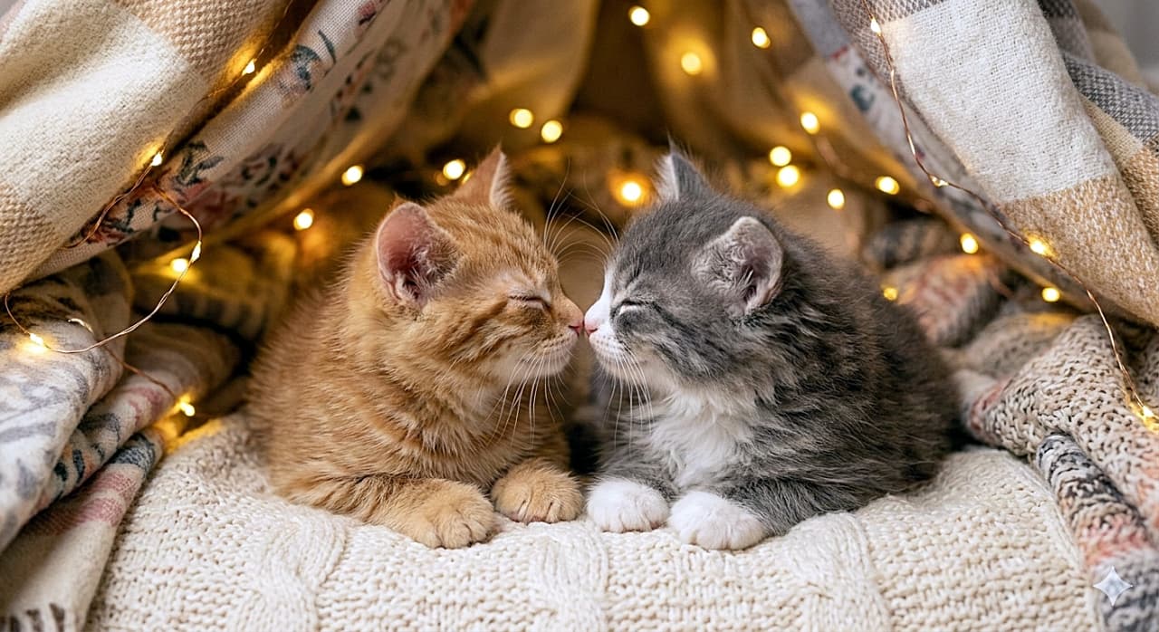 「お鼻とお鼻で「チュッ💕」キラキラ光る秘密のテントで、2匹仲良くどんな夢を見るのかな？💤」A high-resolution, close-up horizontal image of two cute kittens, one orange tabby and one grey-and-white tabby, touching their noses together with their eyes closed. They are resting comfortably inside a cozy blanket fort made of draped blankets. Golden fairy lights are strung around the inside of the fort, glowing softly and creating a warm, magical atmosphere. The kittens are lying on a thick, cream-colored knitted blanket. 目を閉じて鼻と鼻をくっつけ合っている、茶トラとグレー白の2匹の可愛い子猫の高解像度なクローズアップ横長写真。2匹は、何枚かのブランケットで作られた居心地の良いテントの中で安らいでいる。テントの内側には金色のフェアリーライトが張られて柔らかく光り、暖かく魔法のような雰囲気を生み出している。子猫たちはクリーム色の厚手なニットブランケットの上に寝そべっている