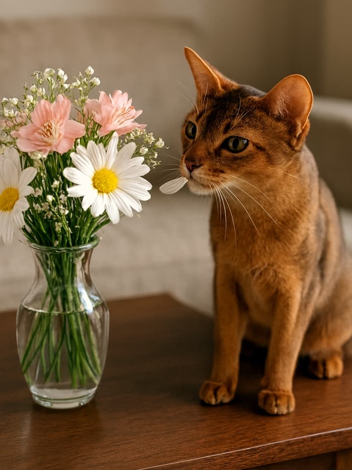 An Abyssinian cat gently bites a white daisy petal from a glass vase bouquet, surrounded by soft indoor lighting. アビシニアンの猫がガラスの花瓶の白いデイジーの花びらを口にくわえている。室内の柔らかな光に包まれた一瞬