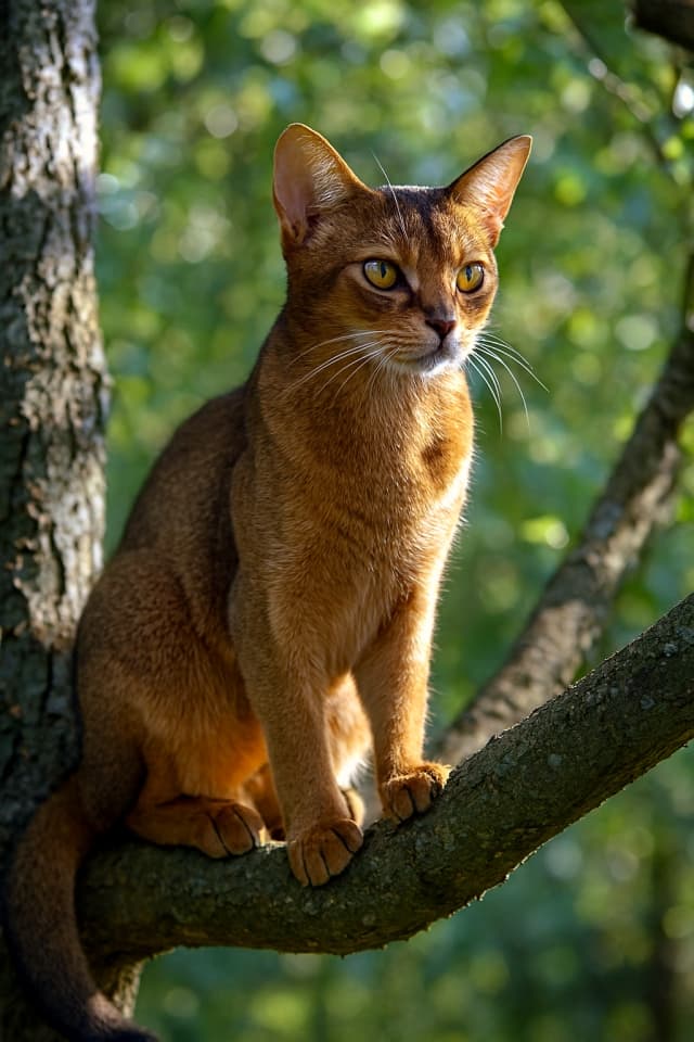 A poised Abyssinian cat perches on a branch surrounded by lush foliage, bathed in natural light. 木漏れ日の中、枝に佇むアビシニアン。豊かな緑に囲まれた自然の中の一瞬