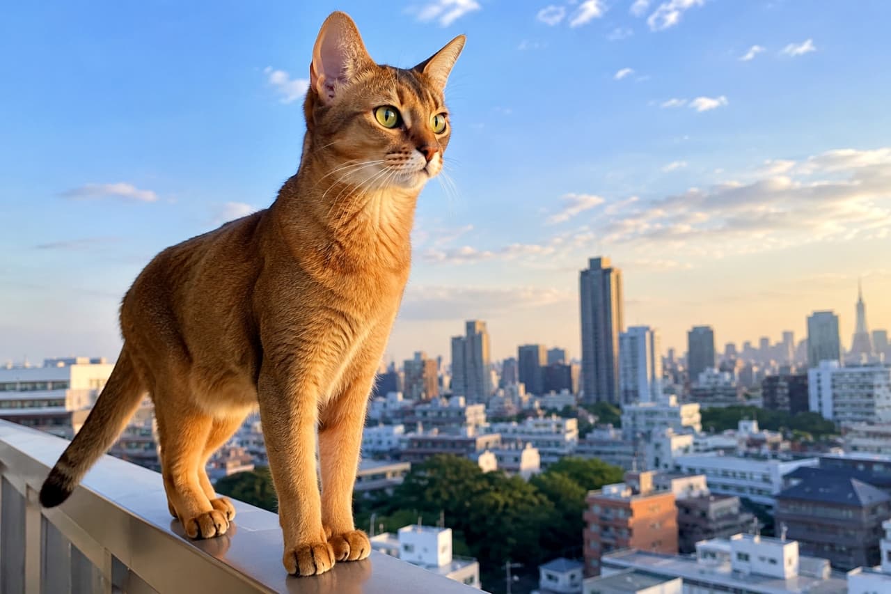 「この街は私のもの🌇✨ 誰よりも早く夜の気配を感じ取る、都会のハンター。 #アビシニアン #猫 #夜景 #猫スタグラム」Ultra-realistic high-quality photograph of an adult Abyssinian cat with a stunning ticked coat, standing confidently on a balcony railing. The cat gazes over the city skyline at sunset with alert, greenish-yellow eyes. 夕暮れの都会のスカイラインを背景に、ベランダの手すりの上に自信満々に立つアビシニアンの成猫。燃えるようなティックドタビーの被毛が夕日を浴びて輝き、緑がかった黄色い瞳が遠くを見つめている。警戒心のある姿勢。リアルで高画質な写真