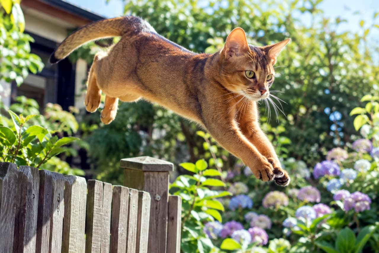 「見よ、この華麗な大ジャンプ！お庭の障害物なんてへっちゃらだにゃ🐾 身体能力の高さに惚れ惚れしちゃう！🐈✨」Ultra-realistic high-quality photograph of an Abyssinian cat with a ruddy ticked coat gracefully leaping over a wooden garden fence in mid-flight. Sunlight highlights its muscles, with blooming hydrangeas and green foliage in the background. 陽光降り注ぐ庭園で、木製の柵を優雅に飛び越えるアビシニアンの成猫。空中で捉えられたしなやかで引き締まった筋肉と、美しく輝くルディカラーのティックドタビーの被毛が特徴的。背景の紫陽花や緑の葉が躍動感を際立たせる写実的な写真