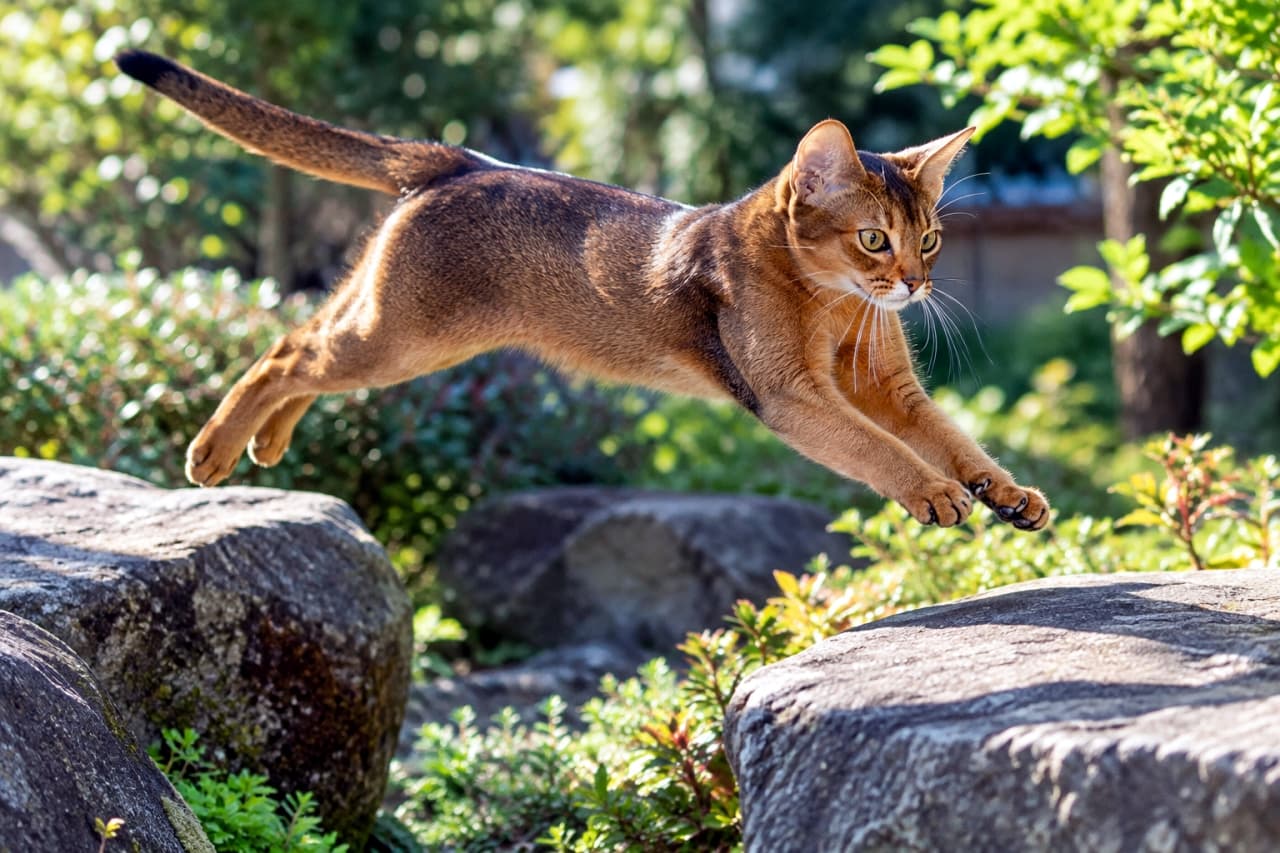 「見よ、このしなやかな大ジャンプ！お庭を駆け回る姿は小さなピューマみたい🐆✨ 身体能力の高さに脱帽！ #アビシニアン #猫部 #ジャンプ猫 #アクティブ」Ultra-realistic high-quality photograph of an Abyssinian cat leaping gracefully mid-air between large garden stones. Sunlight highlights the cat's defined muscles and stunning ruddy ticked coat, showcasing its agility and athletic build. 緑豊かな庭園の大きな石から石へと、空中で優雅に跳躍するアビシニアン。陽光を浴びたルディの被毛の下に、しなやかで引き締まった筋肉が浮かび上がっている。真剣な眼差しで着地点を見据える、生命力に溢れた高解像度な写真