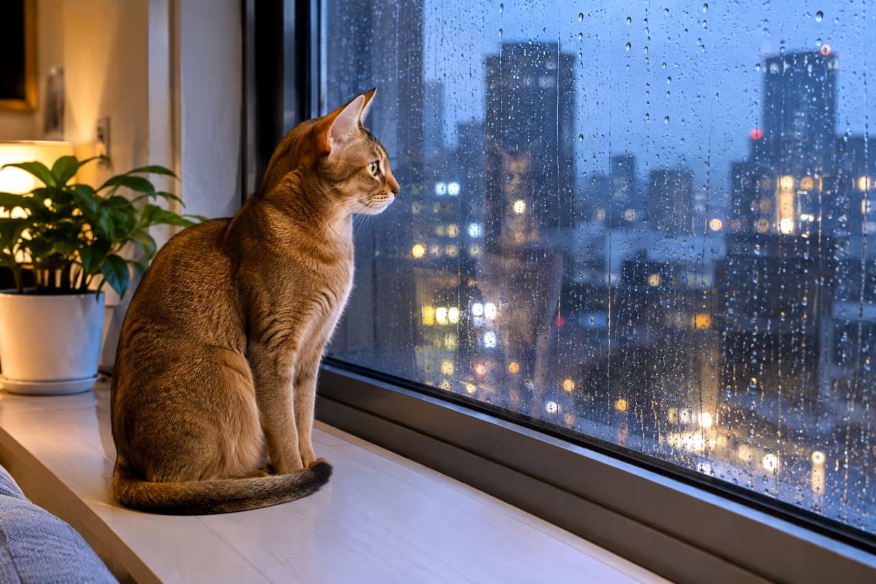 「雨の音をBGMに、静かな夜を過ごす時間。ガラス越しの街の灯りと、哀愁漂う横顔が映画のワンシーンみたい🎬✨ #アビシニアン #雨の日の過ごし方 #猫とインテリア」Ultra-realistic high-quality photograph of an Abyssinian cat resting calmly on an indoor windowsill during a rainy evening. The cat's full body is visible inside the dry room, while rain droplets and blurred city lights reflect gently on the exterior of the window glass, creating a melancholic mood. 雨が降る都会の夜、室内の窓辺に静かに座り、外の景色を眺めるアビシニアン。ガラスの向こうには雨粒と街の明かりがぼんやりと反射している。乾いた室内の暖かさと、外のメランコリックな雨の対比が美しい、陰影のある高解像度な写真