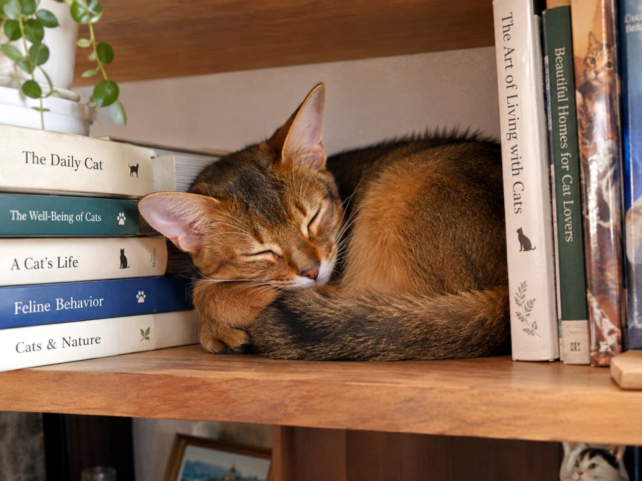 「読書の秋のお供はここでお昼寝中📚 ぴったりサイズの隙間が最高のお気に入りみたい。 #アビシニアン #猫 #本棚 #お昼寝 #猫のいる暮らし」Ultra-realistic high-quality photograph of a sleepy Abyssinian cat curled up comfortably between stacked and standing books on a cozy wooden bookshelf. 木目の美しい本棚の中で、積み重ねられた洋書と立てられた本に挟まれた狭いスペースにすっぽりと収まり、心地よさそうに目を閉じて丸まって眠るアビシニアン。本の質感と猫の柔らかな被毛のコントラストが美しい高画質な写真