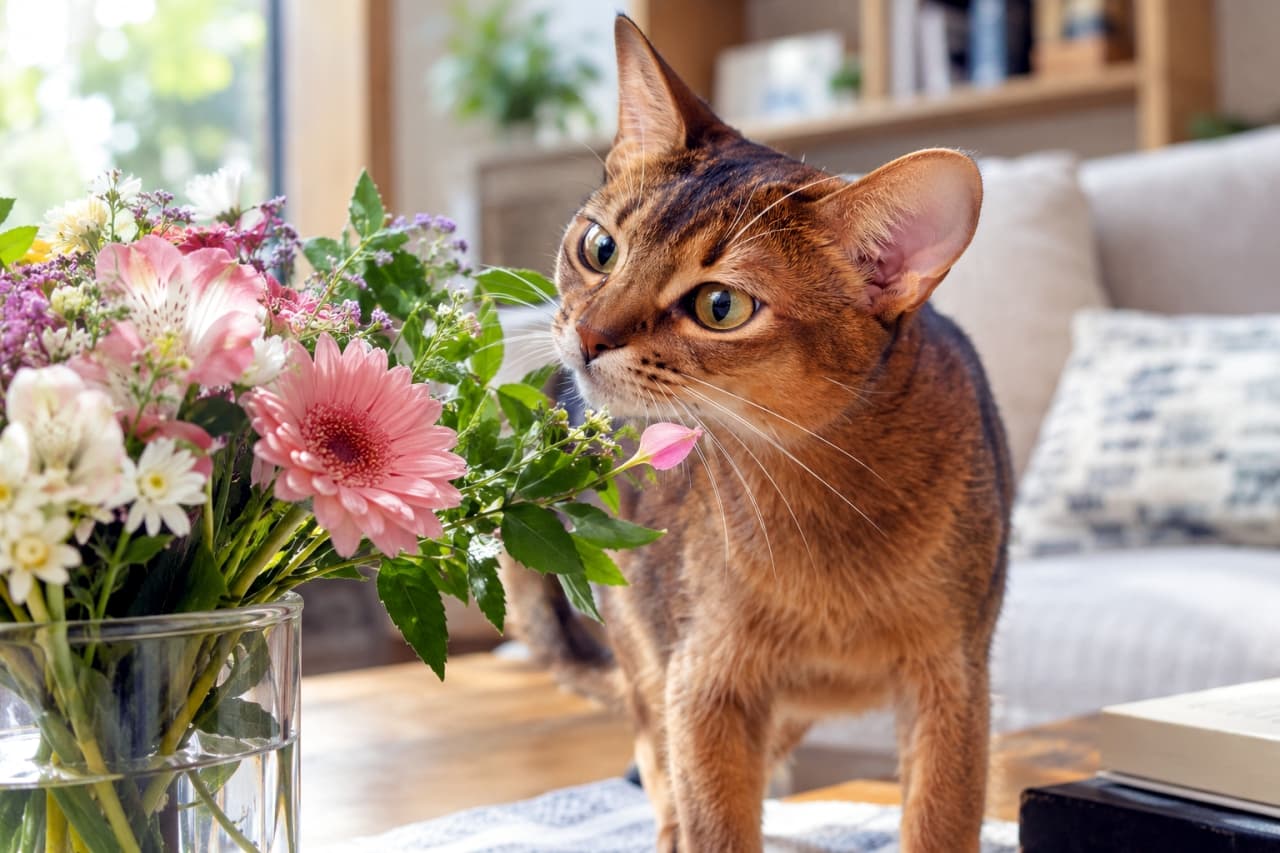 「「このお花、いい匂いにゃ🌸」 お部屋に飾ったお花に興味津々、アビシニアンさんの日常の探検！🐈✨」Ultra-realistic high-quality photograph of an adult Abyssinian cat (Ruddy) with ticked fur curiously investigating a vase of pink flowers (gerberas, alstroemerias) on a wooden coffee table in a living room. A small pink petal is caught on its whiskers. The background features a sofa and bookshelves. リビングの木製コーヒーテーブルの上で、アビシニアンの成猫（ルディ）が、ピンクのガーベラやアルストロメリアなどの花瓶の花を好奇心旺盛に嗅いでいる。ティックドタビーの被毛が光り、ひげには小さなピンクの花びらが付いている。背景にはソファと本棚が見える、情景豊かな写実的写真