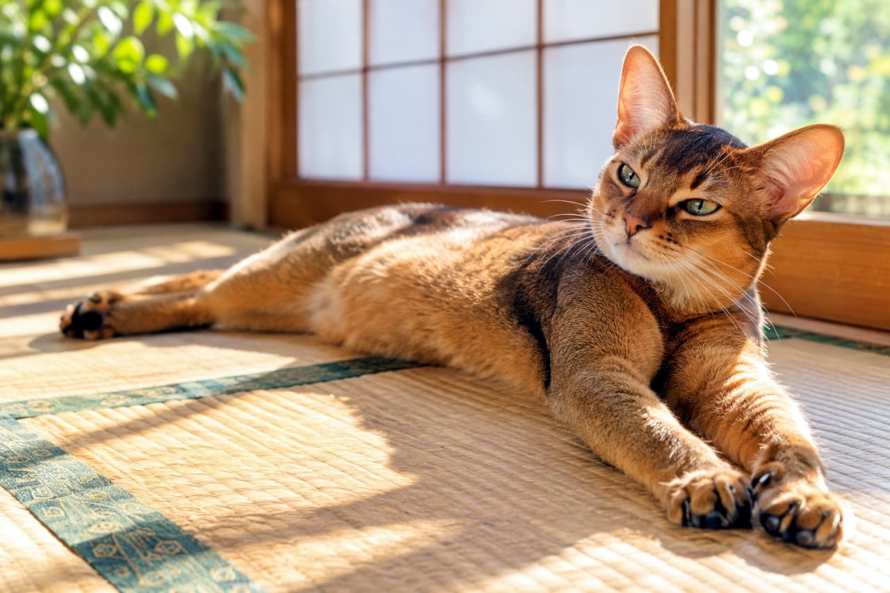 「朝の光と畳、そして僕🐈✨ アビシニアンの優雅な伸びで、今日も一日元気にスタート！🐾」Ultra-realistic high-quality photograph of an Abyssinian cat (Ruddy) stretching luxuriously on a traditional tatami mat in a Japanese-style room. The ticked fur glistens under the soft morning sunlight coming through the window. The cat's muscle definition is visible. A blurred plant and shoji screen are in the background, creating a serene atmosphere. 伝統的な和室の畳の上で、アビシニアンの成猫（ルディ）が朝の柔らかな光を浴びながら、寝そべって優雅に前足を伸ばしている。ティックドタビーの被毛が光に透け、美しい筋肉のラインが見える。背景の障子と窓の外の緑がリラックスした雰囲気を醸し出す、情景豊かな写実的写真