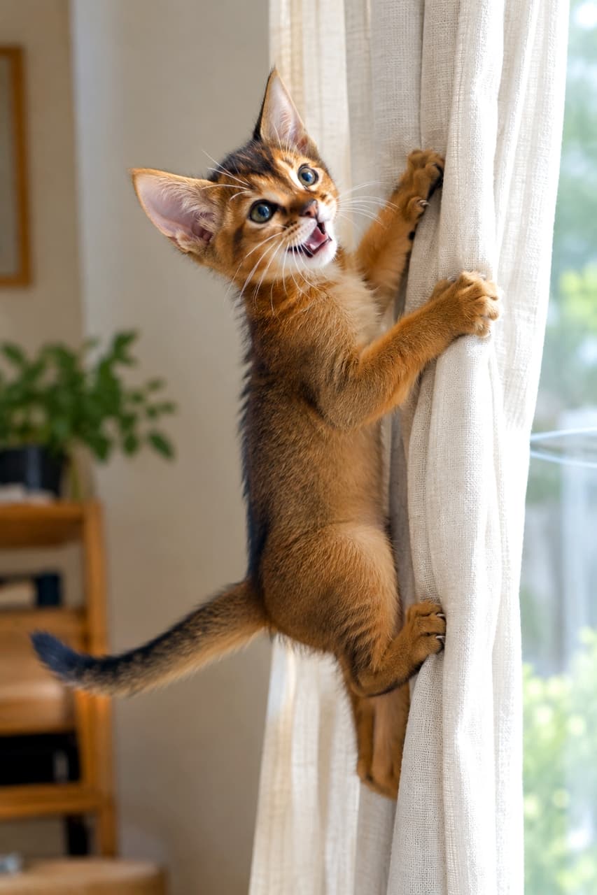 「「ここなら登れるにゃ！🐾」 窓際で見つけた冒険、アビシニアンの子猫がカーテン登りに挑戦中！🐈✨」Ultra-realistic high-quality photograph of a playful Abyssinian kitten (Ruddy) with ticked golden-orange fur climbing a light-colored window curtain, looking back with wide eyes and a slightly open mouth. Tiny claws are clinging to the fabric. Sunlight streams in from the window, and a blurred plant and wooden shelf are in the background. 明るい窓際で、アビシニアンの子猫（ルディ）が小さな爪をカーテンに立てて登り、振り返っている。ティックドタビーのオレンジゴールドの被毛が光を浴び、大きな耳と驚いたように開いた口、キラキラした瞳が特徴的。背景には観葉植物と木の棚がボケて見える、情景豊かな写実的写真
