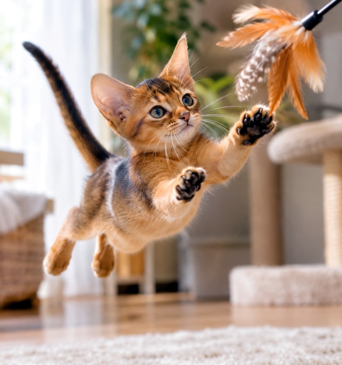 「ハンターの血が騒ぐ！🪶🐾 羽根のおもちゃに全力ジャンプする子猫の集中力に脱帽。ナイスキャッチなるか！？🐈✨」Ultra-realistic high-quality photograph of an Abyssinian kitten leaping mid-air in a living room, reaching out with both front paws to catch a feather toy. The kitten is in perfect focus, showing intense concentration and soft glowing fur. リビングの空中で、猫じゃらしの羽根のおもちゃに向かって思い切り両前足を伸ばして飛びかかるアビシニアンの子猫。真剣な丸い瞳と、躍動感に溢れる全身のフォルム、逆光に透ける柔らかな毛並みが完璧に捉えられた写実的写真