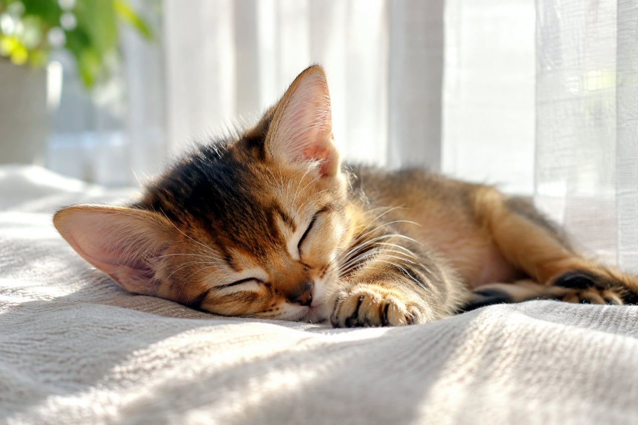「朝の優しい光に包まれて、幸せいっぱいの夢の中へ💤 ずっと見ていたくなる、天使の寝顔だにゃ🐈✨」Ultra-realistic high-quality photograph of an Abyssinian kitten taking a nap in soft morning light filtering through sheer curtains. The delicate light beautifully illuminates its large ears, fluffy ruddy coat, and peaceful sleeping face on a textured blanket. レースのカーテン越しに柔らかい朝の光が差し込むベッドの上で、気持ちよさそうにお昼寝をしているアビシニアンの子猫。光に透ける大きな耳と、ルディカラーのふわふわとした産毛、安らかな寝顔が詳細に描写された、温もりを感じる写実的写真