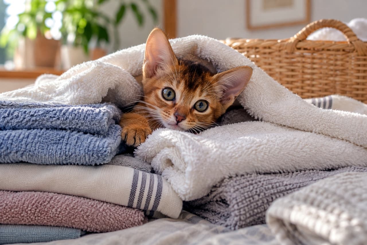 「お洗濯のお手伝い…じゃなくてお邪魔虫？🧺🐾 ふかふかの場所は絶対に見逃さない、ちゃっかり者の子猫ちゃん🐈✨」Ultra-realistic high-quality photograph of a cute Abyssinian kitten nestled among a pile of folded laundry next to a wicker basket. The kitten's detailed ticked fur contrasts beautifully with the textured towels under soft lighting. 籐のかごのそばで、積み重ねられた洗濯物の中にすっぽりと収まり、愛らしい瞳で見つめてくるアビシニアンの子猫。厚手のタオル生地の質感と、子猫のきめ細かなティックドタビーの毛並みの対比が美しい、温かみのある写実的写真