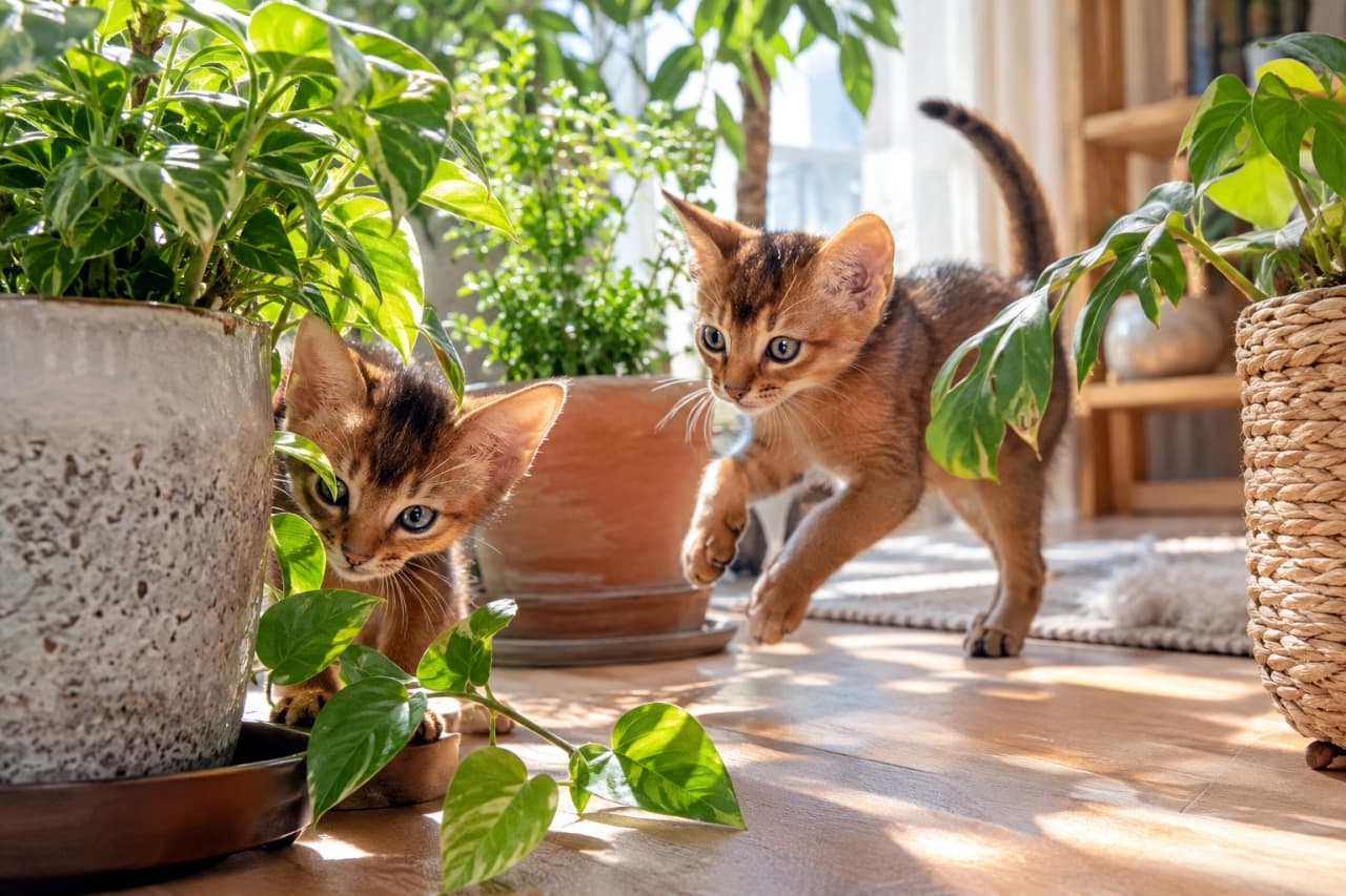 「「ここにも何かあるにゃ！🌿」 観葉植物の森は、僕たちのジャングル！アビシニアンの子猫たちが冒険中🐾🐈✨」Ultra-realistic high-quality photograph of two Abyssinian kittens (Ruddy) exploring a room filled with potted plants in bright sunlight. Their ticked golden coats blend beautifully with the greenery. One kitten is hiding behind a large pot, looking curiously, while the other is in mid-pounce motion. Potted plants like pothos and monsteras fill the background. 陽光が差し込むリビングで、2匹のアビシニアンの子猫（ルディ）が観葉植物の鉢植えの間を探検している。ティックドタビーの被毛が光を浴び、美しい。一匹の子猫が鉢植えの影から覗き込み、もう一匹が飛びかかろうとしている。植物の緑と子猫たちの野生的な魅力が融合した、情景豊かな写実的写真