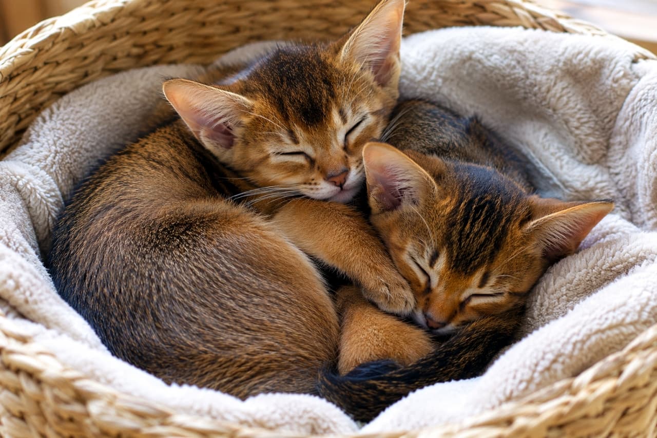 「幸せが2倍！ふわふわブランケットとお友達の温もりで夢の中へ💤 どんな夢を見てるのかな？ #アビシニアン #子猫 #猫のいる暮らし」Ultra-realistic high-quality photograph of two Abyssinian kittens with ruddy ticked coats sleeping curled up together intimately inside a woven basket with a soft blanket under natural light. 柔らかな自然光が差し込む中、編み込みのバスケットに敷かれたふかふかのブランケットの上で、2匹のアビシニアンの子猫がぴったりと体を寄せ合い丸まって眠っている。ルディカラーのティックドタビーの毛並みや、安心しきった穏やかな寝顔が詳細に描写された高画質な写真