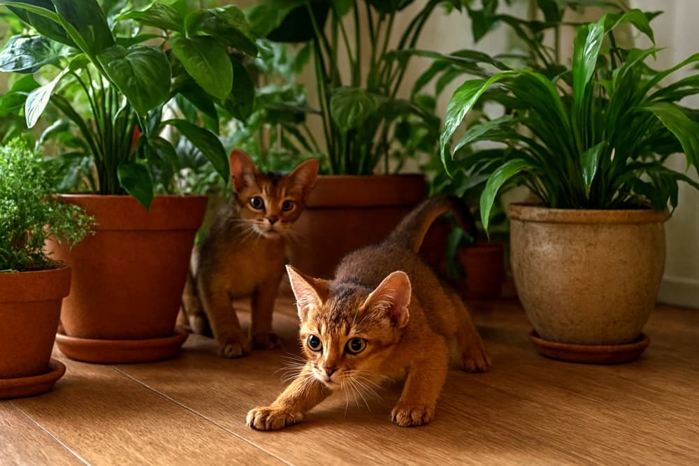 Two Abyssinian kittens explore a lush indoor garden of potted plants, one crouched playfully in front. 室内の緑に囲まれた空間で遊ぶアビシニアンの子猫たち。1匹は前方で身を低くし、もう1匹は後方に