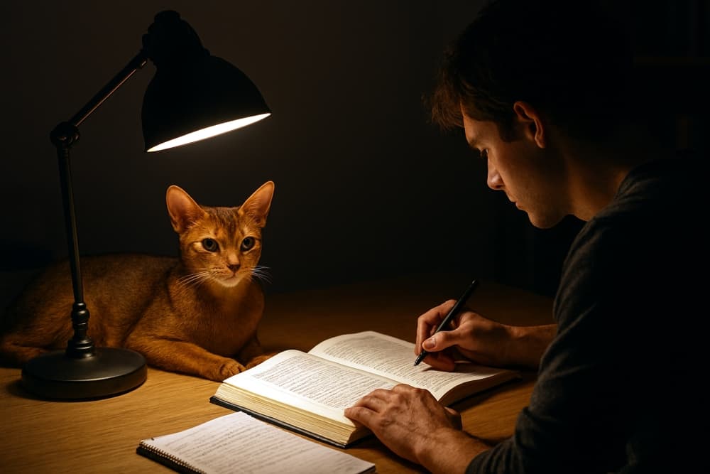 An Abyssinian cat sits beside a person writing under a black desk lamp, adding warmth to a focused study moment. 黒いデスクライトの下で書き物をする人の隣にアビシニアンの猫が座っている。集中した勉強時間に温もりを添える