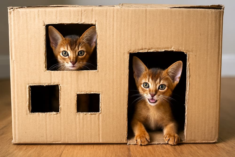 Two Abyssinian kittens peek out from a handmade cardboard house—one meowing from the doorway, the other watching from a window. 手作りの段ボールハウスから顔を出す2匹のアビシニアン子猫。1匹は玄関で鳴き、もう1匹は窓からじっと見つめている