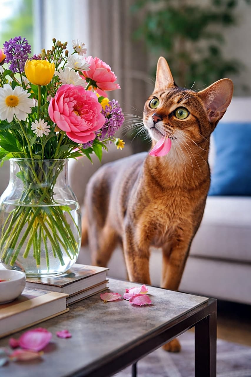 「お花チェック中に、ひょいっ。気づけばヒゲに花びらつけた好奇心王子🌸」An Abyssinian cat curiously inspecting a vase of colorful flowers on a coffee table, with a pink petal caught on its whisker. コーヒーテーブルの花瓶に入った色とりどりの花を興味深そうに覗き込み、ヒゲに花びらをつけたアビシニアンの猫