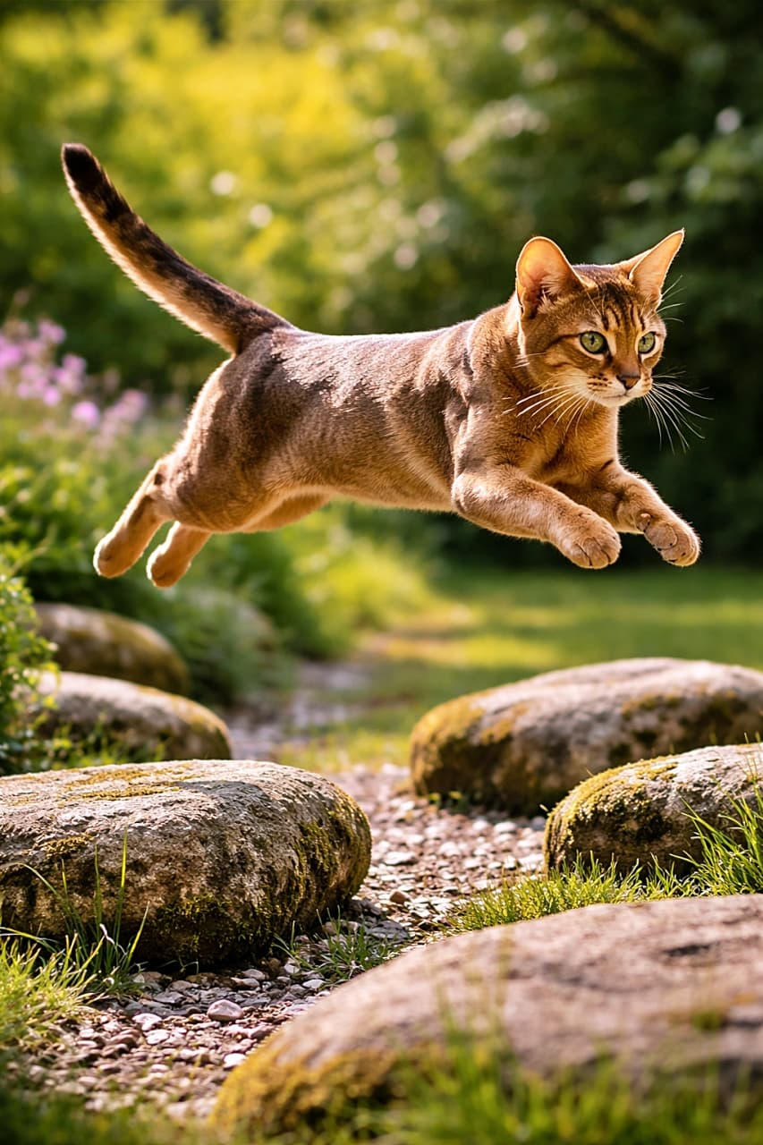 「庭石の上をひと跳び!陽だまりの中で魅せる、アビシニアンのしなやかジャンプ✨」A photorealistic Abyssinian cat leaping gracefully between garden stones, captured mid-air with defined muscles glowing in warm sunlight. 庭石の間を軽やかに跳躍するアビシニアンの猫。空中で筋肉のラインが美しく、陽光に照らされた瞬間を捉えた高精細写真