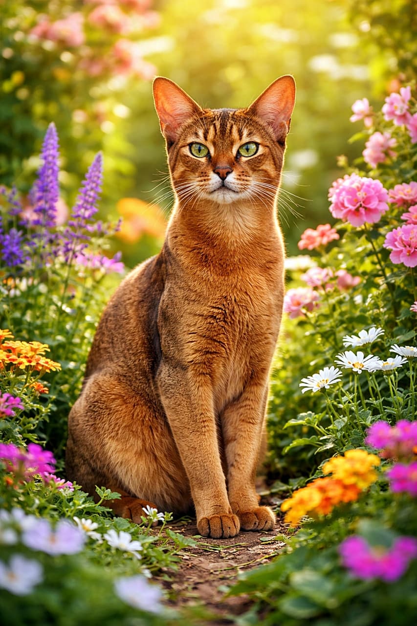 「花に囲まれてこのドヤ顔。凛とした佇まいが美しい、庭の主役アビシニアン🌸」An adult Abyssinian cat sitting proudly among colorful blooming flowers in a sunlit garden. 色とりどりの花が咲く庭で、誇らしげに座る成猫のアビシニアン