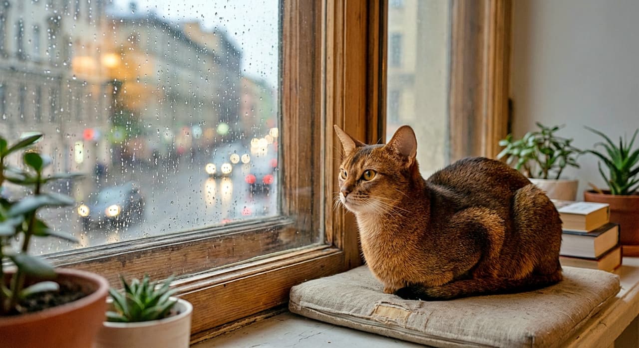 「雨音を聞きながら、窓辺でまったり。外の世界は濡れているけど、ここはポカポカ特等席ニャ」A photorealistic photo of an Abyssinian cat sitting in a loaf position on a cushion by a large window covered in raindrops. The cat gazes out at a wet city street with blurred car lights. Potted plants and books are on the dry windowsill. 雨粒がついた大きな窓辺のクッションの上で、アビシニアン猫が香箱座りをして外を眺めているリアルな写真。窓の外には雨に濡れた街路と車のライトが滲んで見える。窓辺には観葉植物や本が置かれており、室内は乾いている