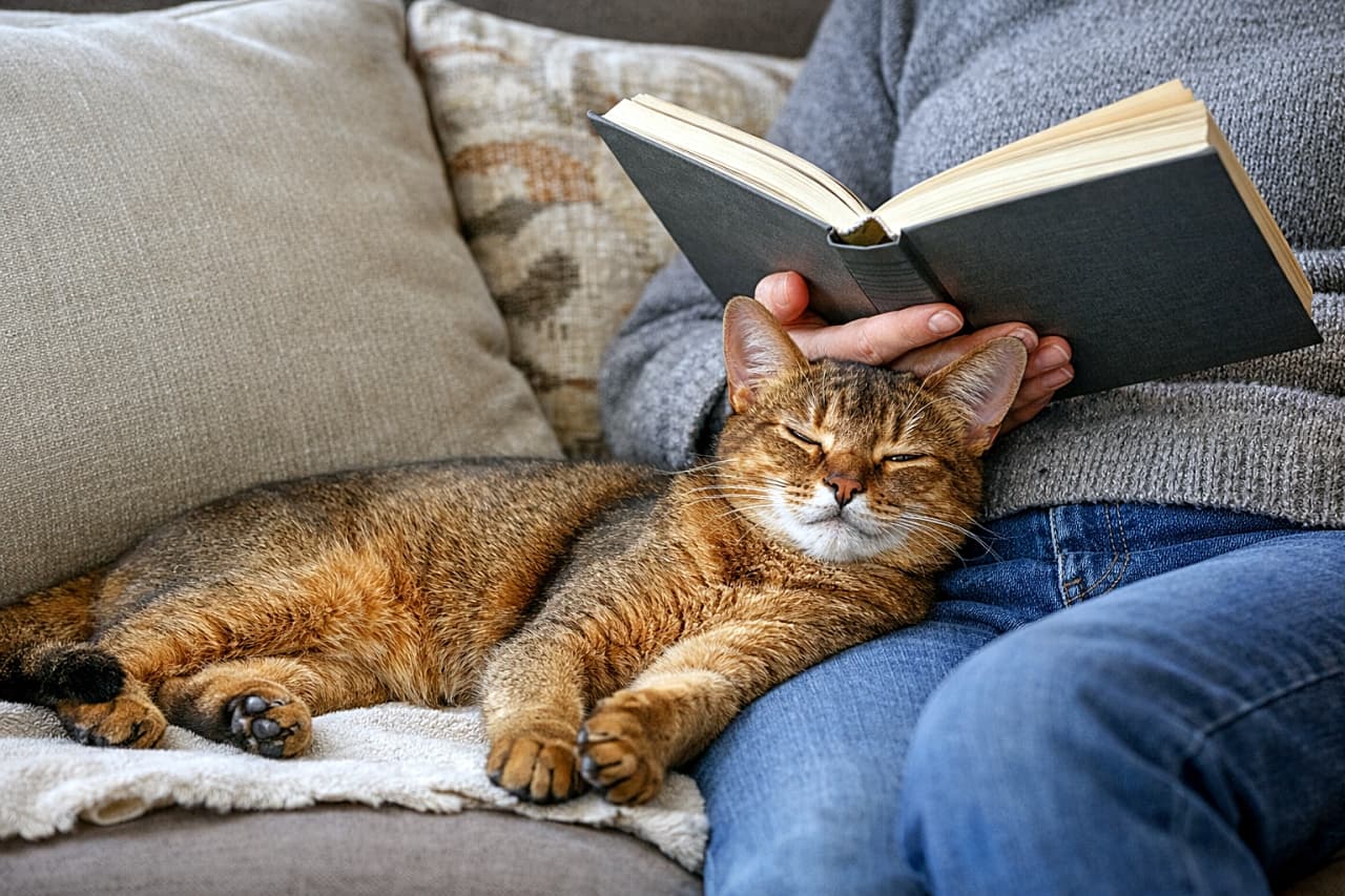 「読書タイムは特等席🐾隣でとろ〜んとくつろぐアビシニアンに、癒やされすぎ注意」A relaxed Abyssinian cat lies stretched out on a sofa beside a person reading a book, eyes half-closed in comfort, photorealistic. 本を読む人の隣で、ソファに体を伸ばしてくつろぐアビシニアンの猫。半分閉じた目が心地よさを物語る