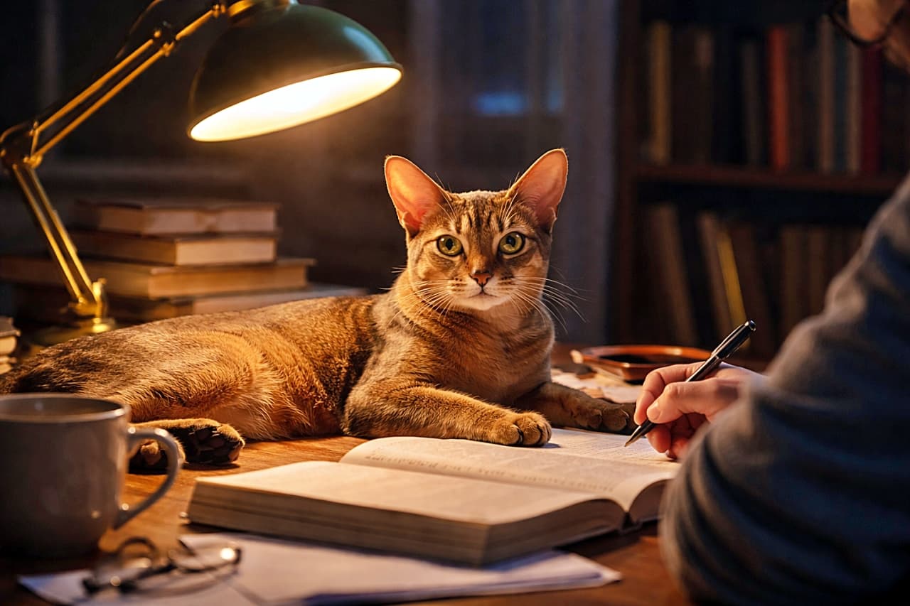 「夜更かし勉強のお供はこの子。静かな灯りの下で、そっと寄り添うアビシニアン🐾」An Abyssinian cat relaxing on a desk beside a warm desk lamp while a person studies late at night, photorealistic and high resolution. 夜遅くまで勉強する人のそばで、デスクランプの横にくつろぐアビシニアンの猫の高精細写真