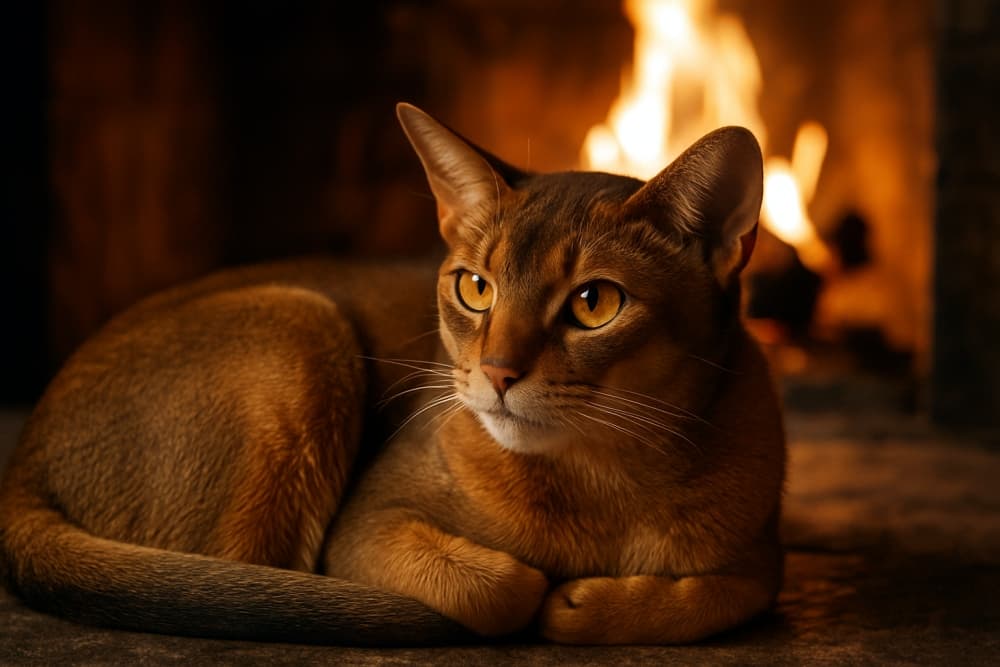 A warm brown Abyssinian cat curls up in front of a glowing fireplace, its amber eyes reflecting the cozy flames. 暖炉の前で丸くなってくつろぐ茶色のアビシニアン猫。琥珀色の瞳に炎のぬくもりが映る