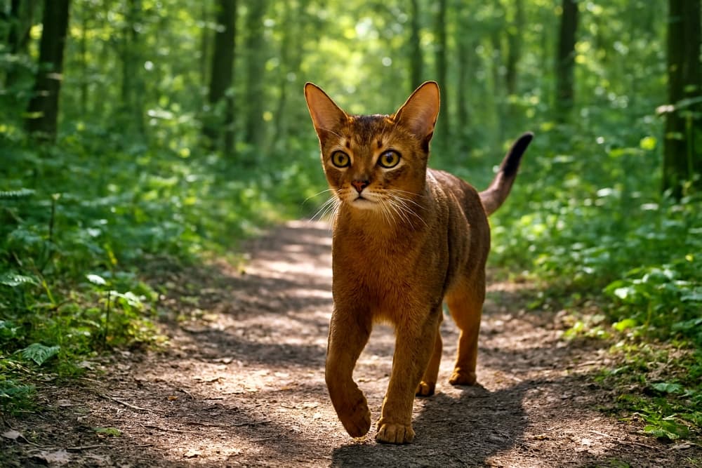 A reddish-brown Abyssinian cat strides through a sunlit forest trail, alert and focused amid towering trees and vibrant foliage. 茂った木々と鮮やかな葉に囲まれた森の小道を歩く赤茶色のアビシニアン猫。耳を立て、目を見開いている