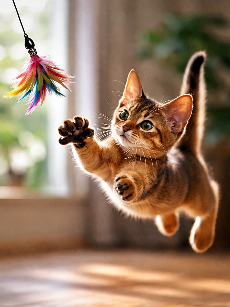 「全神経を羽に集中!空中で狙いを定める瞬間が可愛すぎるアビシニアン子猫🪶」A photorealistic Abyssinian kitten leaping mid-air toward a colorful feather toy, captured in sharp focus with dynamic motion. カラフルな羽のおもちゃに向かって宙に跳び上がるアビシニアンの子猫を、躍動感たっぷりに捉えた高解像度写真