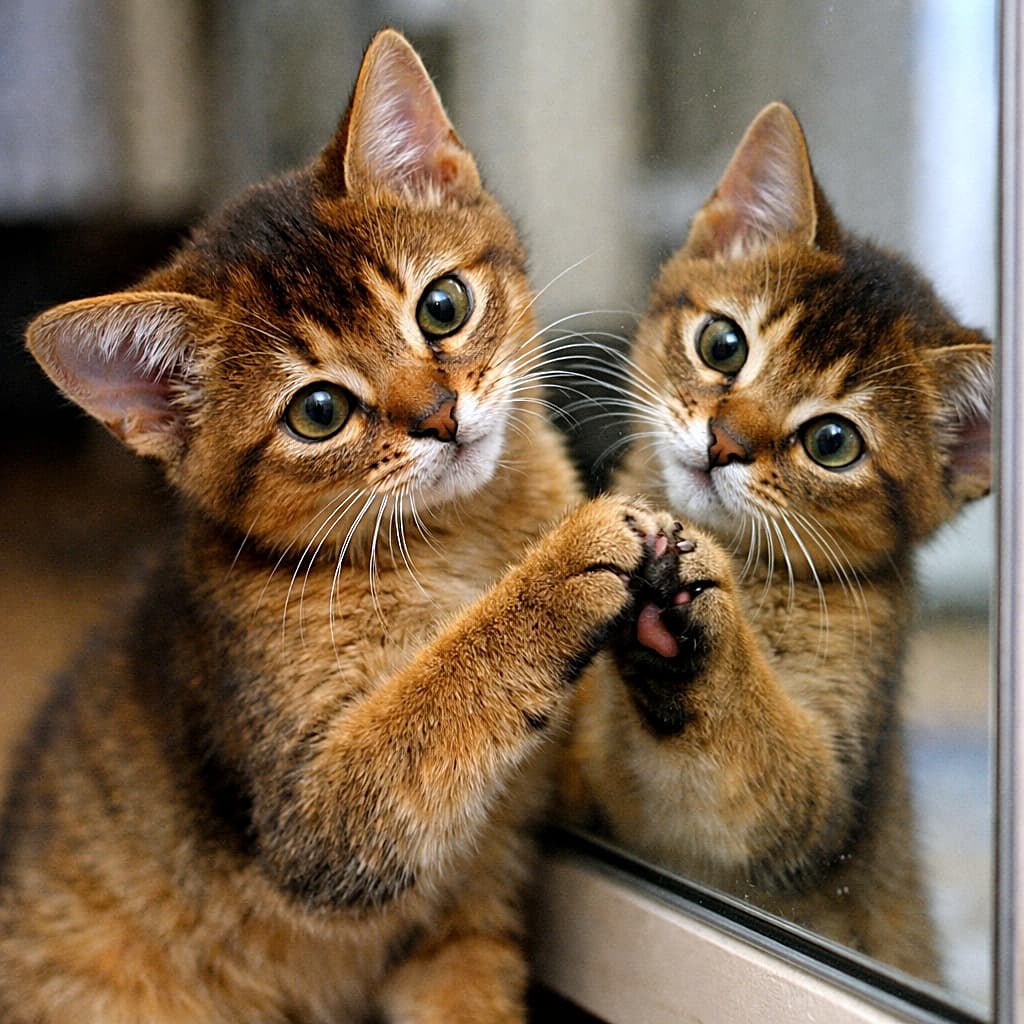 「鏡の中の自分に「きみはだれ?」🐾 困惑して首を傾げるアビシニアンの子猫ちゃん💕」A photorealistic, high-resolution photograph capturing an Abyssinian kitten standing on a floor and looking into a large mirror. The kitten has tilted its head in confusion and is pressing one of its front paws directly against the mirror surface, while its reflection in the mirror does the same, appearing slightly asymmetrical but clearly reflecting the interaction. The background is softly blurred, showing an indoor environment. アビシニアンの子猫が床の上に立ち、大きな鏡の中を覗き込んでいる、フォトリアリスティックで高解像度な写真。子猫は困惑して首を傾げ、片方の前足を鏡の表面に直接押し当てている。鏡の中の自分も同じように肉球を押し当てており、左右対称性は完璧ではないが、子猫が鏡の中の自分と関わっている様子がはっきりとわかる。背景は柔らかくぼやけており、室内の様子が写っている