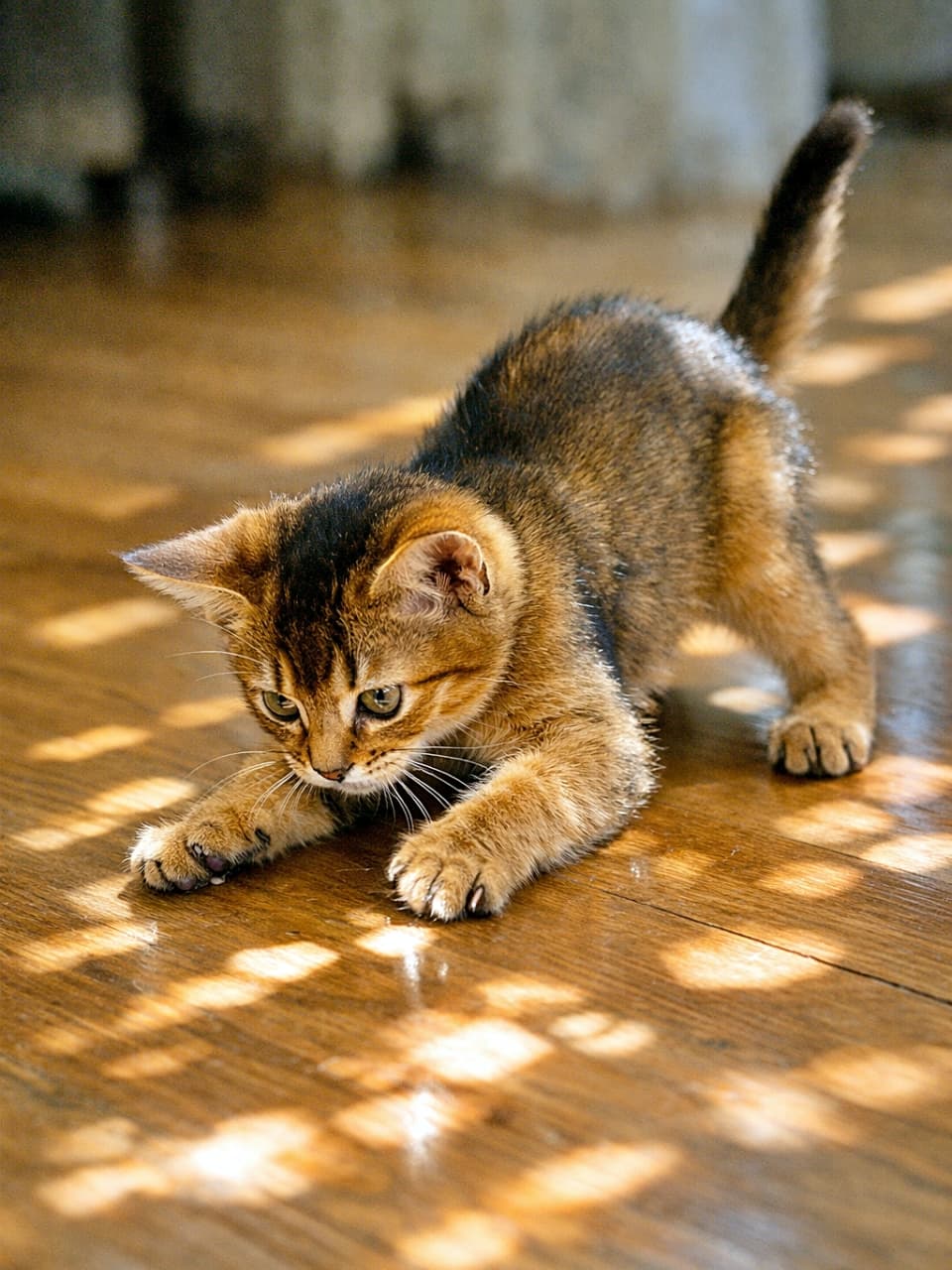 「光と影が動けば即ロックオン!床は今日も子猫の最高の遊び場です🐾✨」A playful Abyssinian kitten pouncing at shifting light and shadow patterns on a sunlit wooden floor. 床に映る光と影を追いかけて、元気いっぱいに飛びかかるアビシニアンの子猫