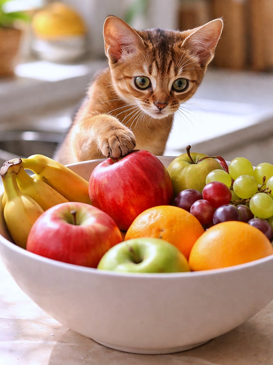 「りんごに手が伸びる、その一瞬。好奇心は止まらない、キッチンの小さな冒険者🍎🐾」An Abyssinian kitten curiously peeking into a bowl of fruit on a kitchen counter, reaching out with one paw toward a red apple in bright natural light. キッチンカウンターの上で果物の入ったボウルをのぞき込み、赤いりんごに前足を伸ばす好奇心いっぱいのアビシニアンの子猫
