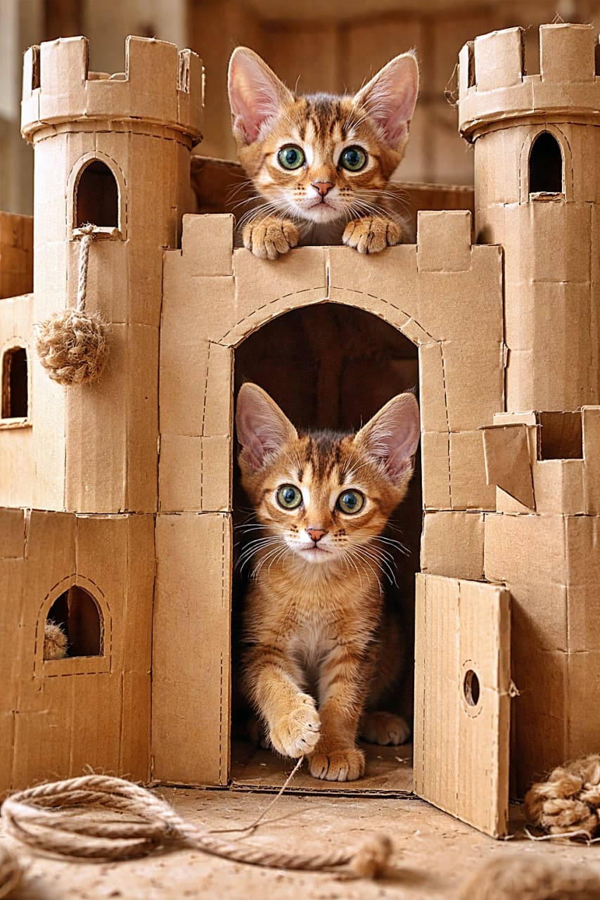 「段ボール城はぼくたちの秘密基地!小さな窓からのぞく好奇心が止まらない✨」Two Abyssinian kittens playing inside a handmade cardboard box fortress, peeking out from cut-out windows and doors in a photorealistic, high-resolution scene. 手作りの段ボール製のお城の中で、窓や扉から顔をのぞかせて遊ぶ2匹のアビシニアン子猫の高解像度写真