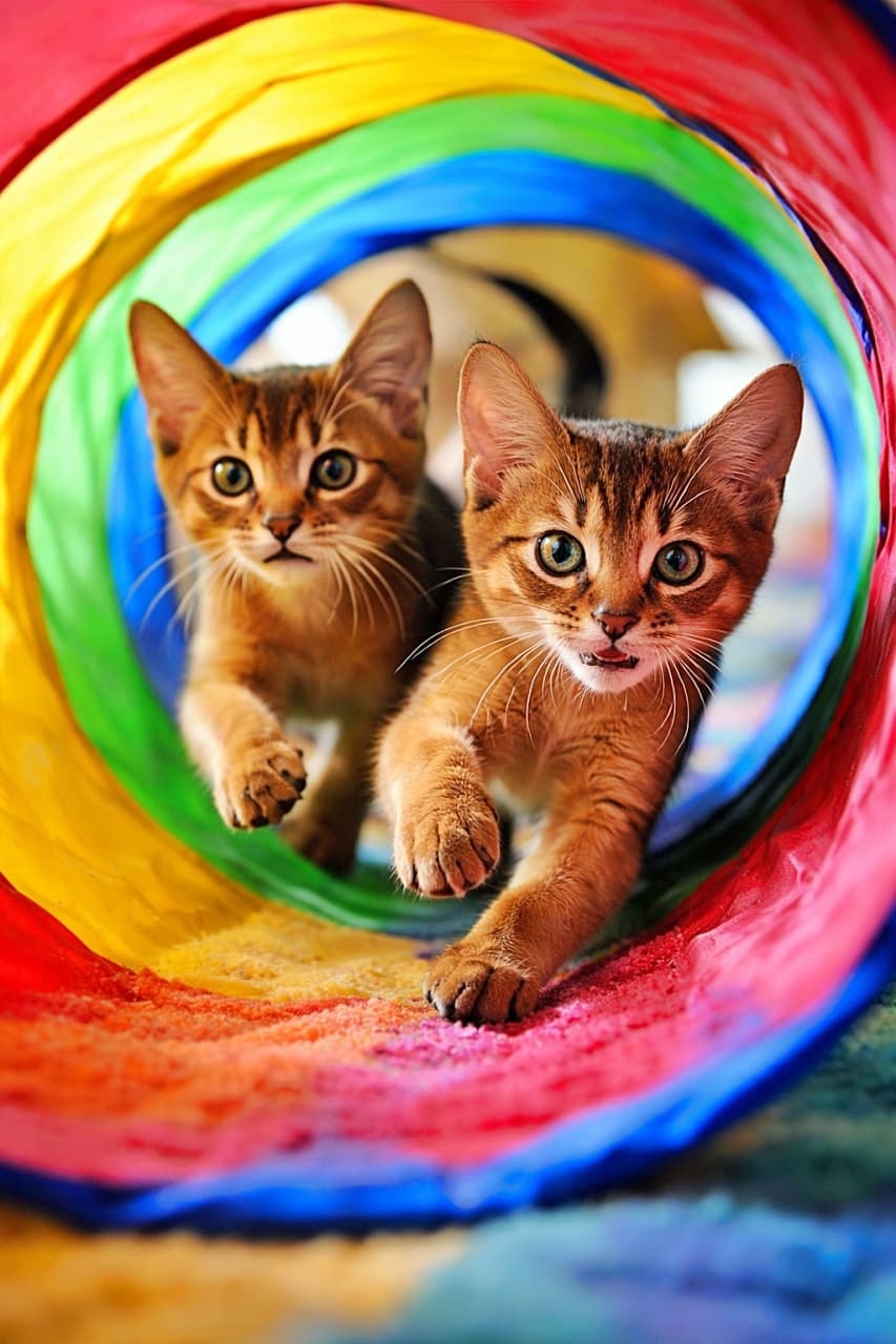 「トンネル全開ダッシュ!止まらないワクワクがカラフルに弾ける瞬間🐾」Two Abyssinian kittens running through a colorful play tunnel, captured mid-action with slight motion blur in a high-resolution photorealistic style. カラフルなプレイトンネルの中を全力で駆け抜ける2匹のアビシニアンの子猫。動きのある瞬間を捉えた高解像度のリアル写真