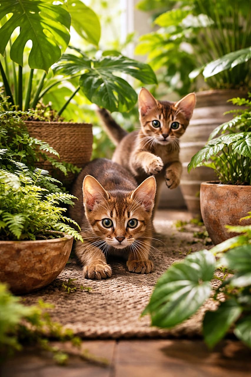 「ジャングル気分でかくれんぼ!植物の森を探検するアビシニアン兄弟の大冒険🌿🐾」Two Abyssinian kittens explore a room filled with potted plants, crouching and pouncing playfully like wild cubs in natural light. 観葉植物が並ぶ室内で、野生の子どものように身を潜めて飛びかかる2匹のアビシニアンの子猫