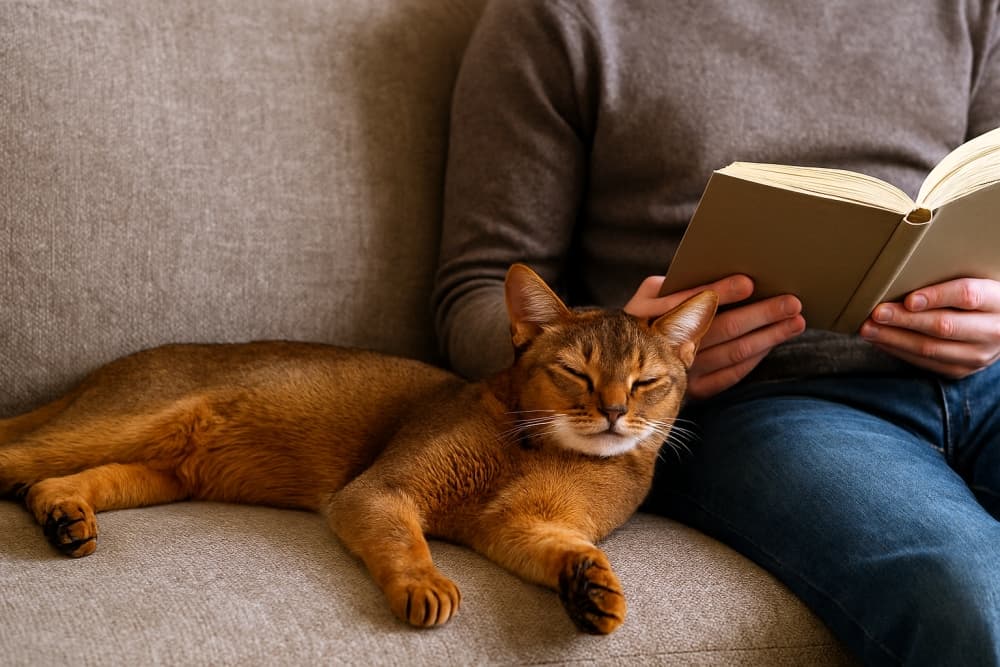 An Abyssinian cat naps beside a person reading on a beige couch, bathed in soft light. ベージュのソファで読書する人の隣で、アビシニアンの猫が柔らかな光に包まれて眠っている