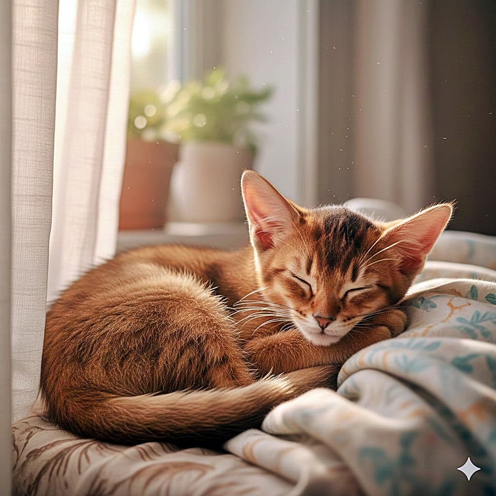 「おひさまチャージで夢の国☀️すやすやアビちゃん、今日も100点満点💤」A young Abyssinian kitten peacefully sleeping on a patterned blanket near a sunlit window, with potted plants in the background. 日差しの差し込む窓辺で、模様入りの毛布の上に丸くなって眠るアビシニアンの子猫。背景には鉢植えの植物が並んでいる