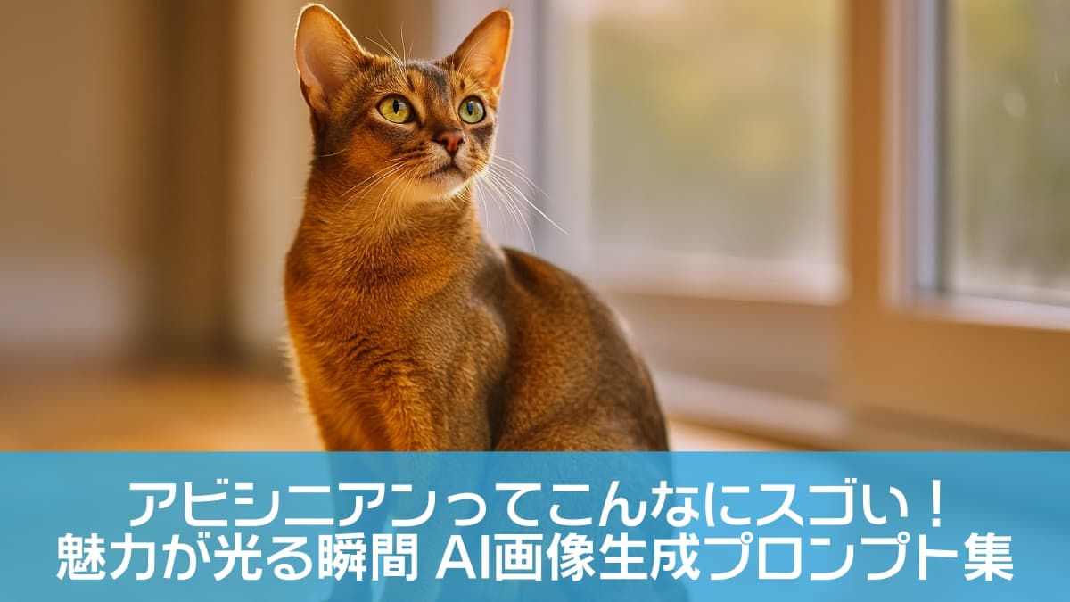 An Abyssinian cat with a sleek, reddish-brown coat sits upright on a wooden floor near a sunlit window. Its large green eyes and upright ears convey alertness and quiet curiosity, while warm sunlight casts soft shadows across the serene scene. 赤茶色の短毛を持つアビシニアンが、日差しの差し込む窓辺の木製フロアにすっと座っている。大きな緑の目と立った耳が、警戒心と静かな好奇心を表し、柔らかな影が穏やかな空間に広がっている
