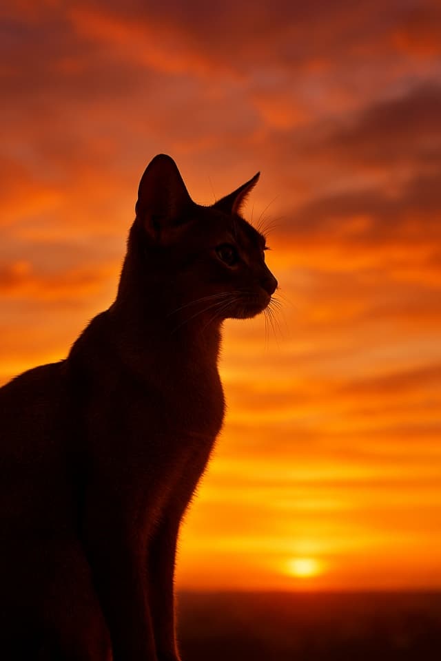An Abyssinian cat in profile silhouetted against a dramatic sunset, with pointed ears and whiskers outlined by radiant light. 劇的な夕焼けを背にしたアビシニアン猫の横顔シルエット。耳とひげが光に縁取られている