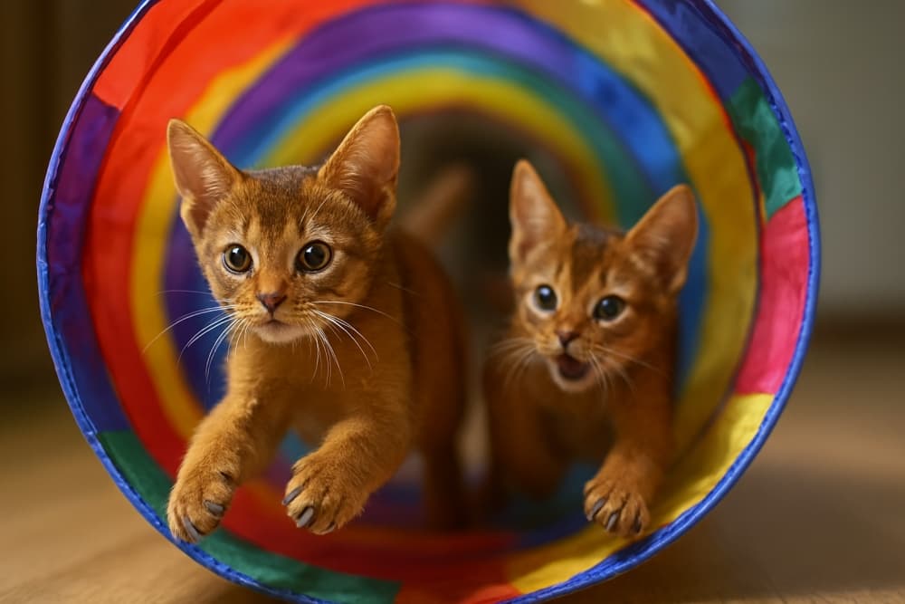 Two Abyssinian kittens burst out of a rainbow-striped tunnel, one mid-step and one meowing. 虹色のトンネルから飛び出す2匹のアビシニアン子猫。1匹は歩き出し、もう1匹は鳴いている