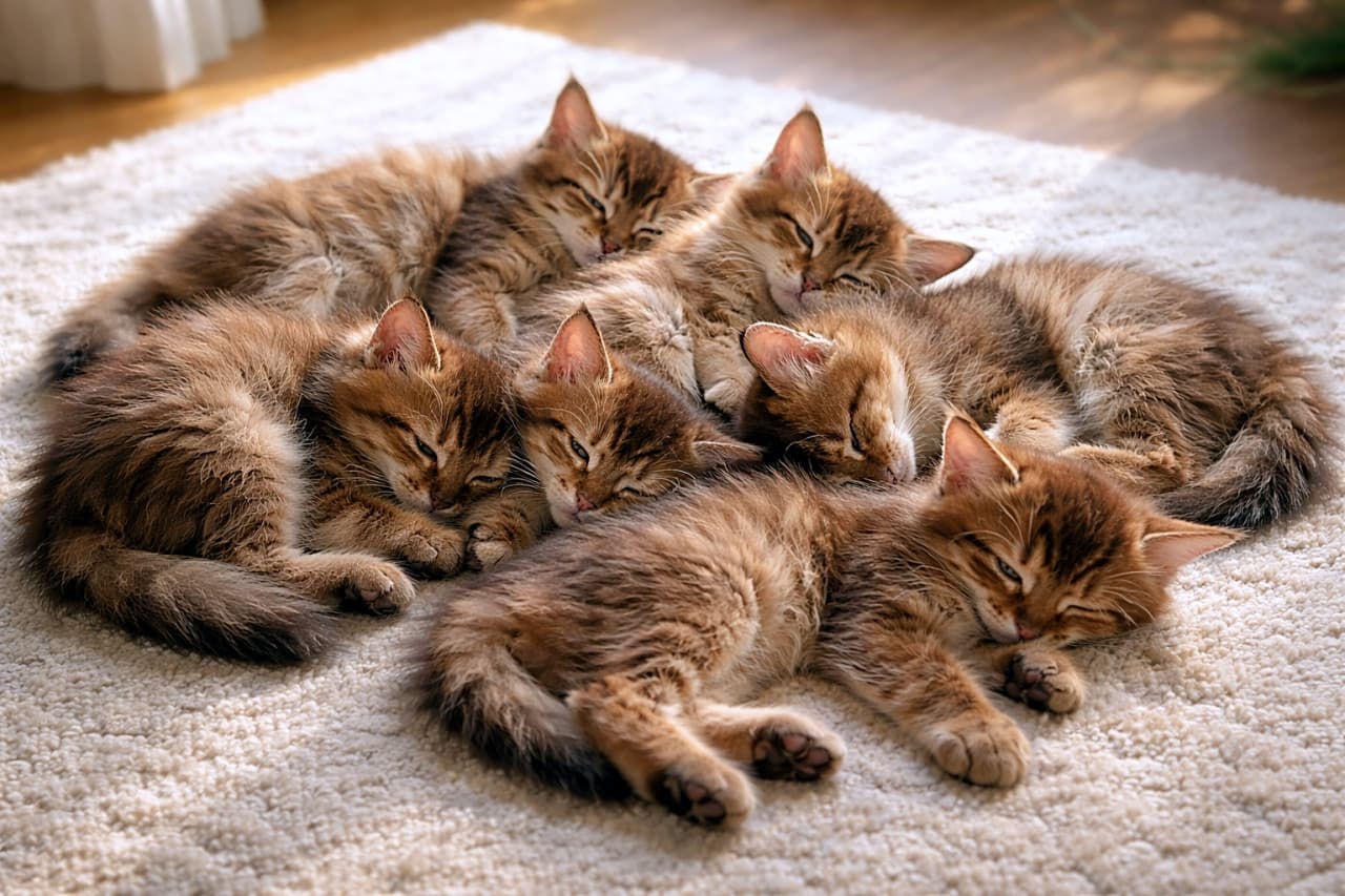 「朝日で発光中、ぎゅうぎゅう幸せもふサークル」Eight Somali kittens curled into a tight circular cluster on a soft cream rug, bathed in warm morning sunlight highlighting their fluffy fur, photorealistic. 柔らかなクリーム色のラグの上で円形にぎゅっと集まり、朝日に照らされて毛並みが輝く8匹のソマリ子猫の写真