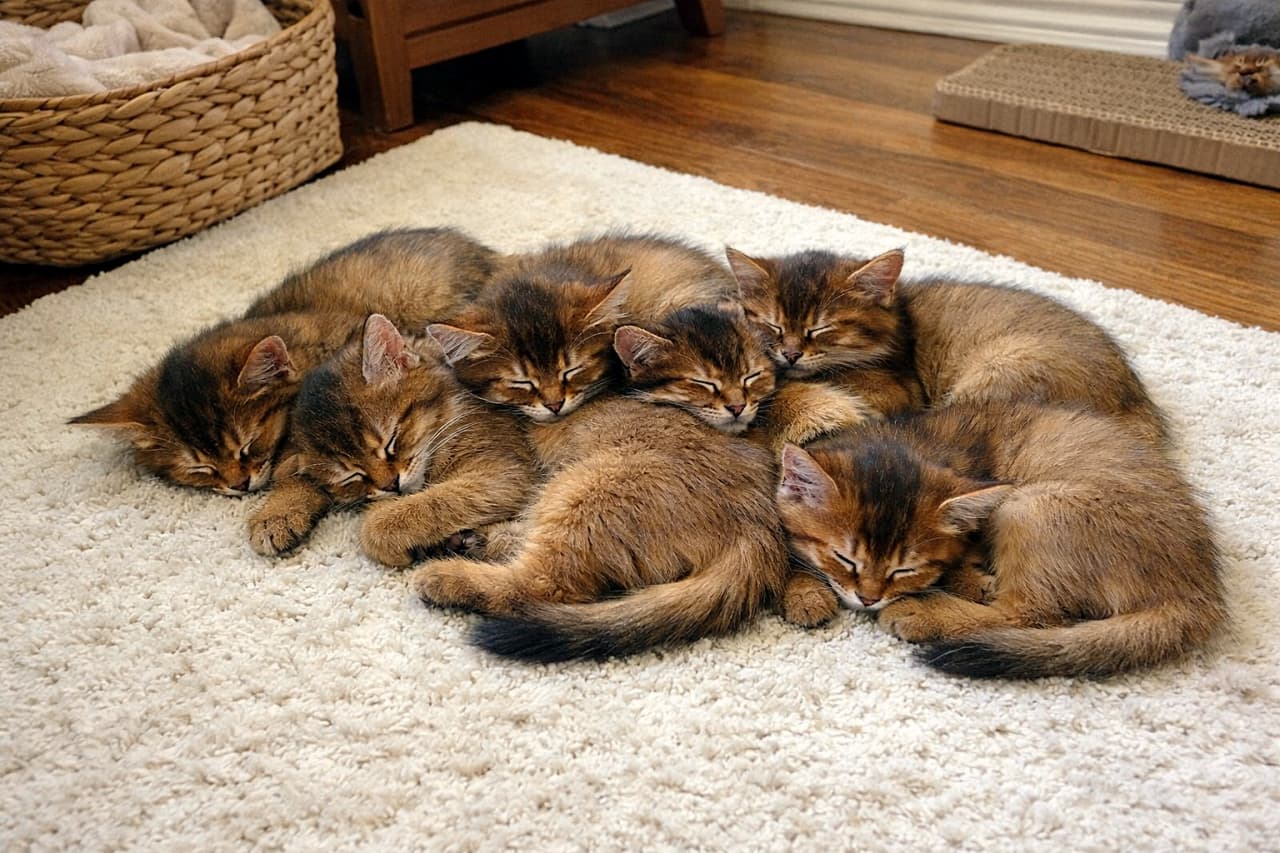 「横並びでもふ団子完成、静かな朝のねこ時間」Eight Somali kittens sleeping side by side in a loose row on a cream rug, with a woven basket and wooden floor in the softly lit background, photorealistic. クリーム色のラグの上で横並びに寄り添って眠る8匹のソマリ子猫。奥には編み込みバスケットと木の床が見えるフォトリアルな写真