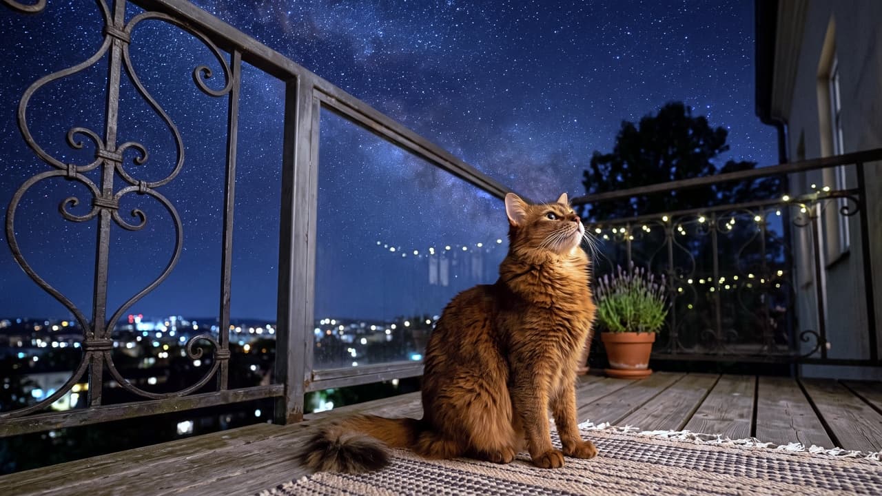 「星空に何を祈っているのかな?🌌✨お星様よりも輝くソマリ様の横顔に見惚れてしまいますね🐈💖 #猫 #ソマリ #星空 #猫のいる暮らし #神秘的」An ultra-realistic high-quality photograph of a stunning ruddy Somali cat sitting on a textured rug on a balcony at night, gazing up at a breathtaking starry sky and the Milky Way. The cat's long, bushy fox-like tail and rich orange-brown ticked fur are beautifully illuminated by warm ambient string lights. The background features wrought iron railings, distant blurred city lights, and a deep blue, starlit night sky, creating a highly detailed and mystical atmosphere. 満天の星空と天の川が広がる夜、ウッドデッキのバルコニーに敷かれたラグの上に座り、空を仰ぎ見るルディカラーのソマリ。ふさふさとした狐のような尾や豊かなオレンジブラウンの被毛が、温かな間接照明に美しく照らし出されています。背景には精緻なアイアンの手すりや遠方の煌めく夜景が配され、神秘的で息を呑むような超高画質の情景が描写されています