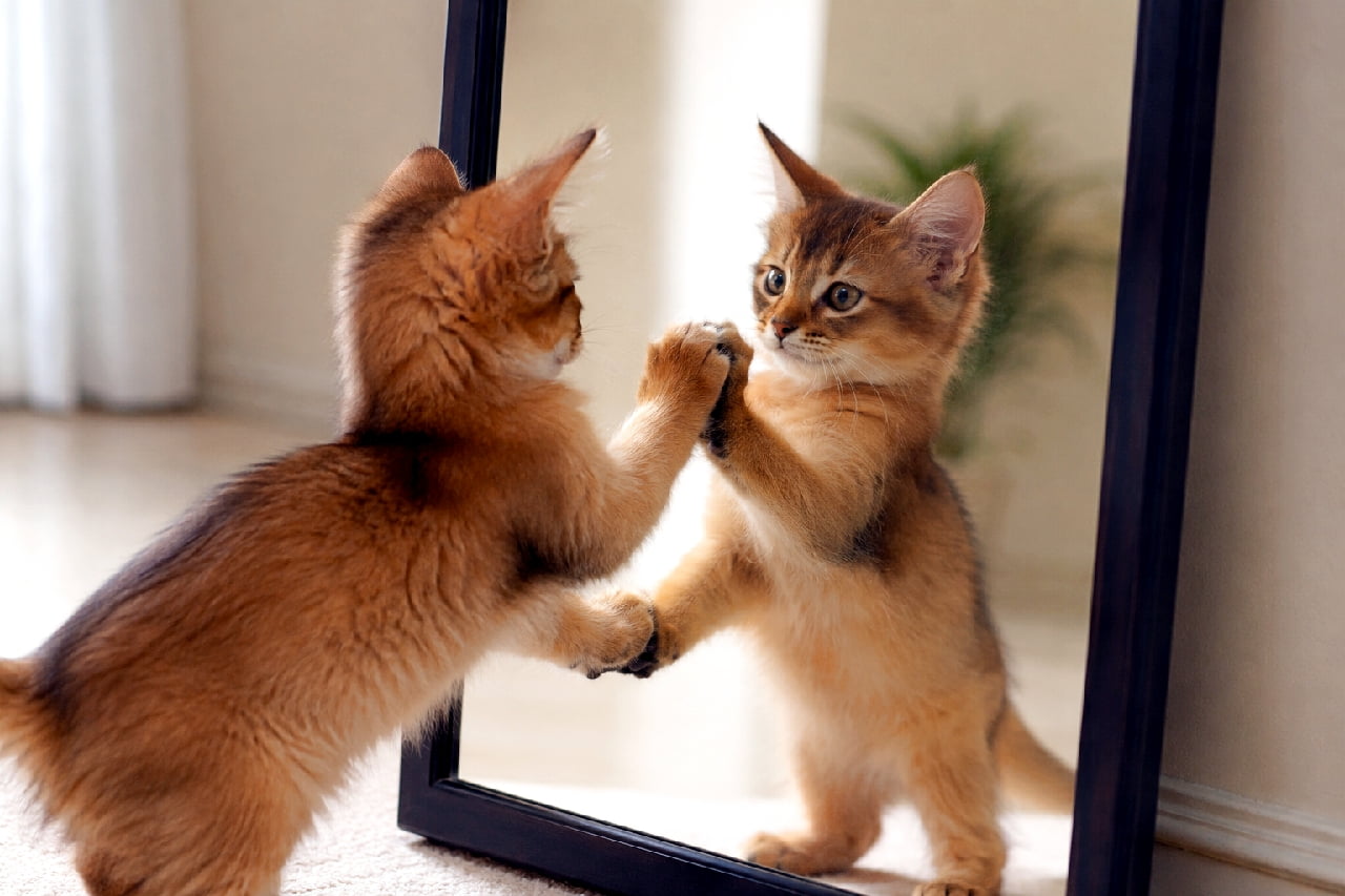 「「ねぇ、あなただ〜れ?」鏡の中のお友達(自分)に挨拶するソマリの子猫ちゃんにキュン💕 #ソマリ #猫のいる暮らし」Ultra-realistic high-quality photograph of a Somali kitten curiously touching its own reflection in a large mirror with its front paw. The kitten features vibrant ruddy fur, soft texture, and large erect ears. The scene is illuminated by soft natural indoor light with a shallow depth of field showing a bright room and indoor plant in the background. 柔らかい室内光が差し込む部屋で、大きな置き鏡に映る自分の姿に興味津々で前足を重ね合わせるソマリの子猫。ソマリ特有の赤みがかったグラデーションのある美しい毛並みとフワフワの尻尾、ピンと立った大きな耳、好奇心に満ちた大きな瞳が鮮明に捉えられた高精細写真。背景には明るい室内と観葉植物が柔らかくボケて写っている