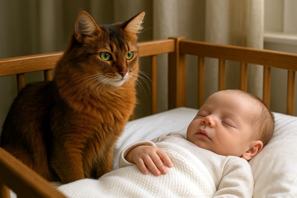 Somali cat sitting beside a sleeping baby in a crib, calm and watchful. ベビーベッドで眠る赤ちゃんのそばに座るソマリ猫。穏やかで見守るような表情