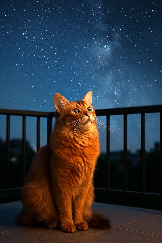Fluffy Somali cat glows under warm balcony light, with the Milky Way sparkling above in the night sky. 暖かな光に照らされたソマリ猫がバルコニーに座り、夜空にはきらめく天の川が広がる