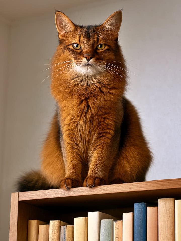 A Somali cat with a fluffy tail perches on a bookshelf, its amber eyes glowing with quiet curiosity. ふわふわの尻尾を持つソマリ猫が本棚に佇み、琥珀色の瞳で静かな好奇心を見せる