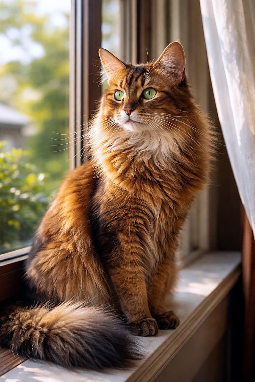 「風をまとってご満悦。窓辺のソマリ王子、今日も優雅です🐾」A photorealistic Somali cat sitting on a windowsill by an open window, its long reddish-brown fur gently ruffled by a soft breeze, glowing in warm natural sunlight. 開いた窓辺に座るソマリ猫。赤褐色の長い毛がやさしい風に揺れ、暖かな自然光に包まれているフォトリアルな一枚