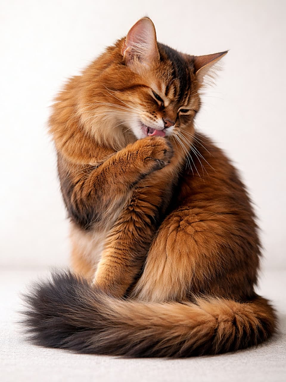 「くるんと尻尾で気品全開✨優雅すぎる毛づくろいタイム」A photorealistic Somali cat grooming itself gracefully, sitting upright with its fluffy tail curled neatly around its body against a soft neutral background. ふわりとした尾を体に巻きつけ、上品に毛づくろいをするソマリ猫。柔らかな無地背景のフォトリアルな一枚